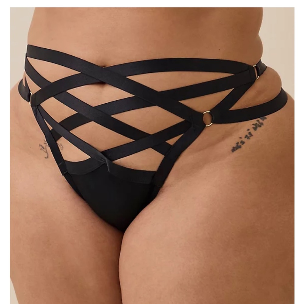 Torrid OVERT STRAPPY SATIN TANGA PANTY size 00 (M/10) black